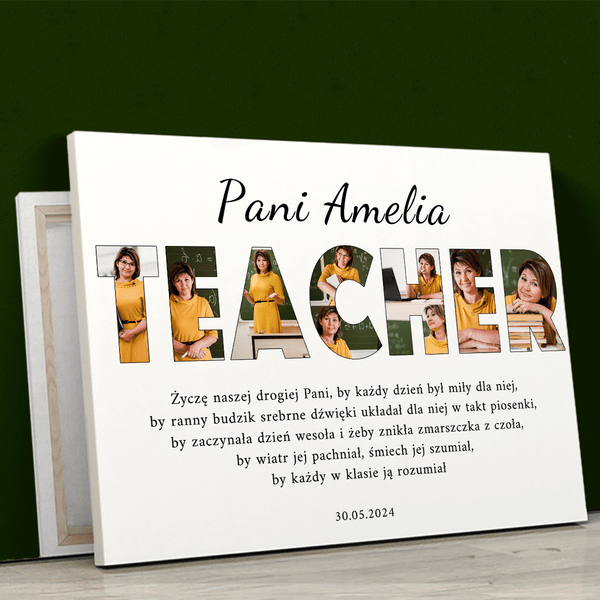 Napis TEACHER kolaż - druk na płótnie, spersonalizowany prezent dla nauczyciela - Adamell.pl
