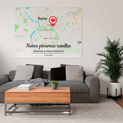 Nasza pierwsza randka Mapa - druk na płótnie, spersonalizowany prezent dla pary - Adamell.pl