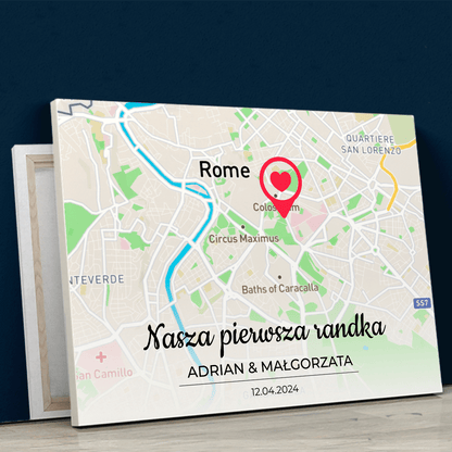 Nasza pierwsza randka Mapa - druk na płótnie, spersonalizowany prezent dla pary - Adamell.pl
