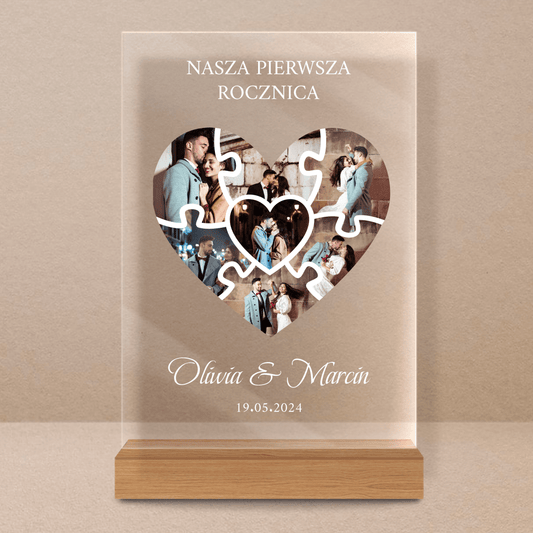 Nasza pierwsza rocznica kolaż puzzle - Druk na szkle, spersonalizowany prezent dla pary - Adamell.pl