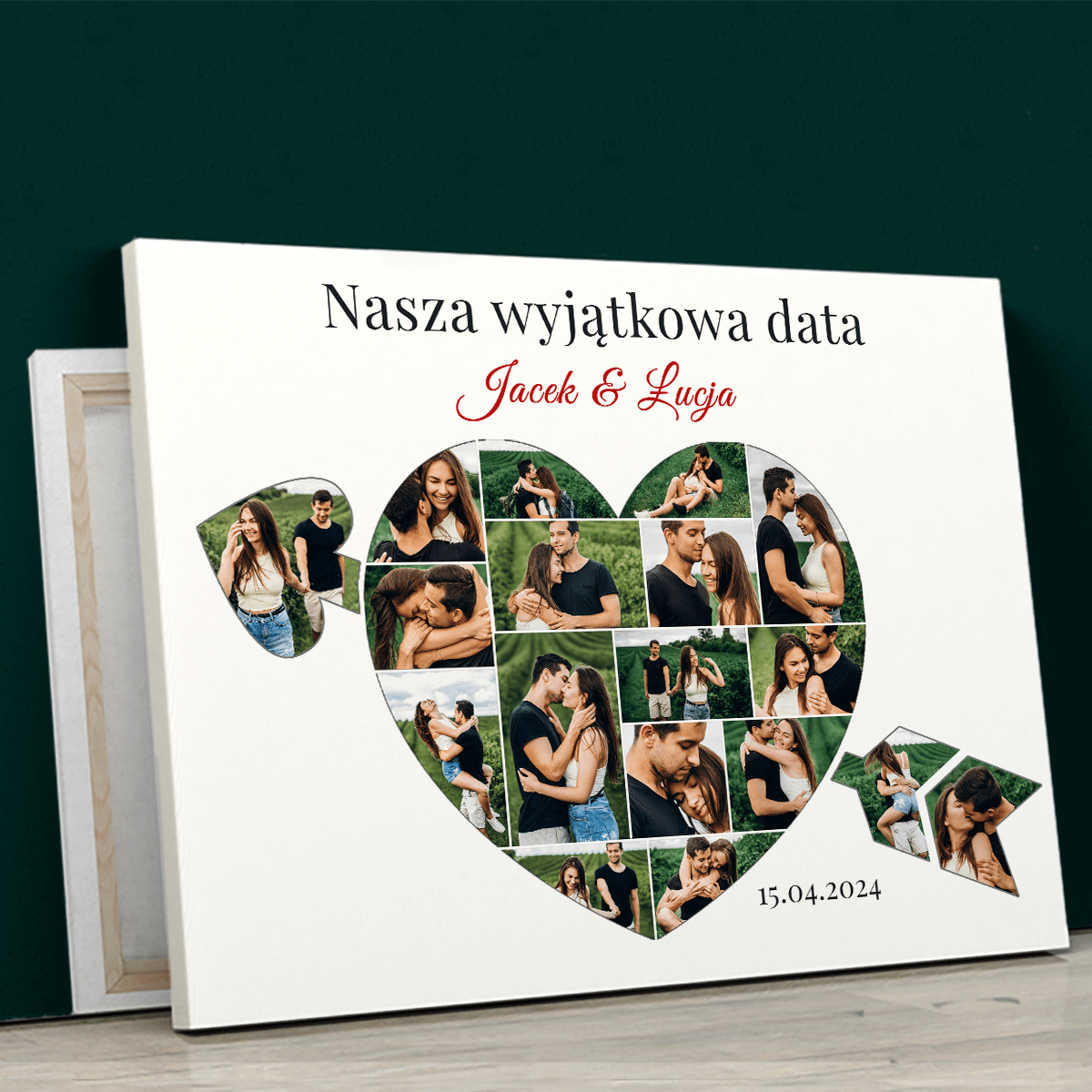 Nasza szczególna data - kolaż serce ze strzałą - druk na płótnie, spersonalizowany prezent dla pary - Adamell.pl