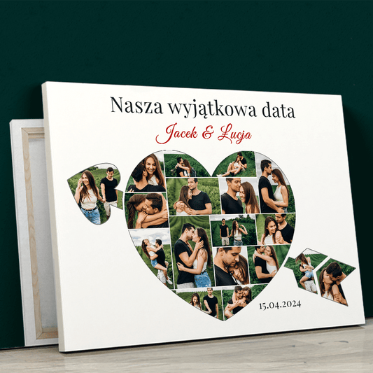Nasza szczególna data - kolaż serce ze strzałą - druk na płótnie, spersonalizowany prezent dla pary - Adamell.pl