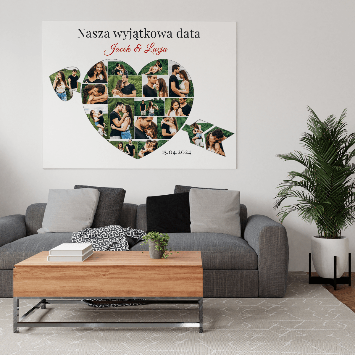Nasza szczególna data - kolaż serce ze strzałą - druk na płótnie, spersonalizowany prezent dla pary - Adamell.pl