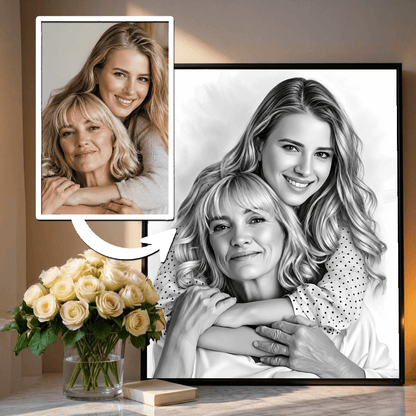 Ołówkowy portret mamy i córki - plakat, spersonalizowany prezent dla mamy - Adamell.pl