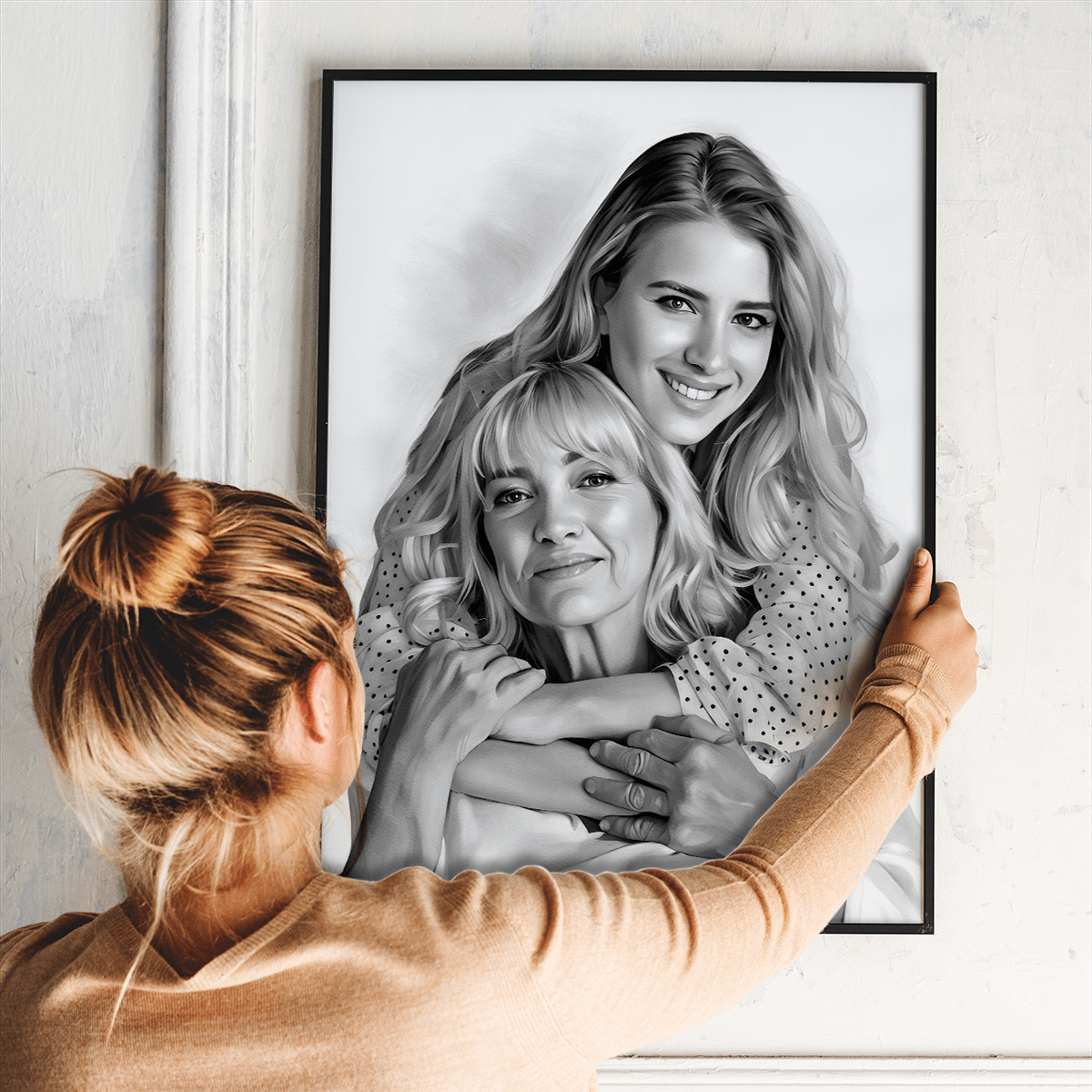 Ołówkowy portret mamy i córki - plakat, spersonalizowany prezent dla mamy - Adamell.pl