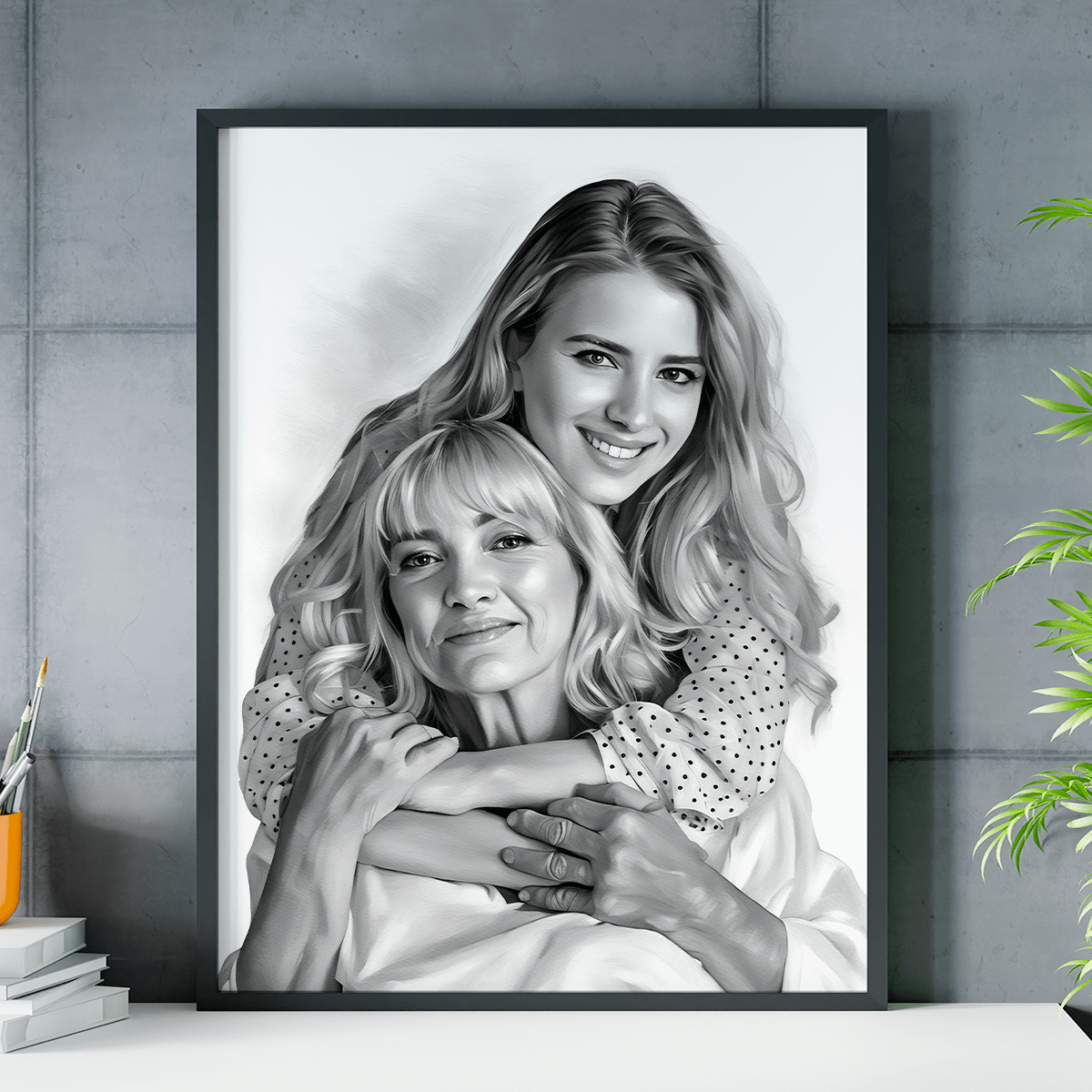 Ołówkowy portret mamy i córki - plakat, spersonalizowany prezent dla mamy - Adamell.pl
