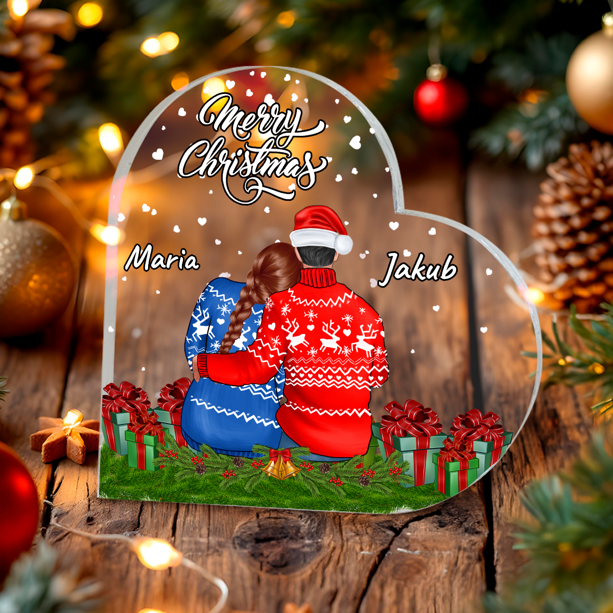 Druk na szkle ŚWIĄTECZNA PARA + wieczna róża + wisiorek - zestaw prezentowy 3 w 1, spersonalizowany prezent dla żony