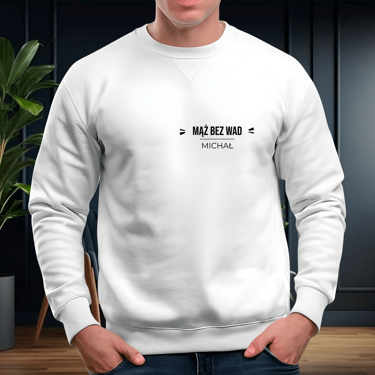 Personalizowana bluza męska z własnym nadrukiem MĄŻ BEZ WAD - prezent dla niego - Adamell.pl