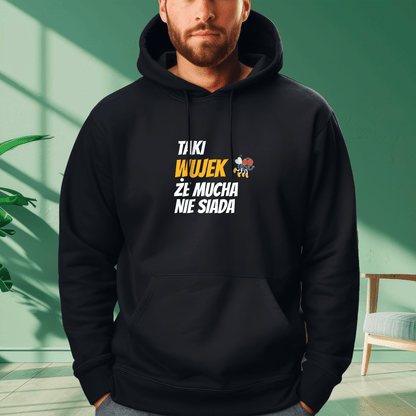 Personalizowana bluza męska z własnym nadrukiem MUCHA NIE SIADA - prezent dla wujka - Adamell.pl