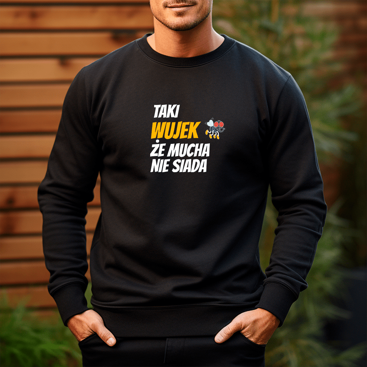 Personalizowana bluza męska z własnym nadrukiem MUCHA NIE SIADA - prezent dla wujka - Adamell.pl