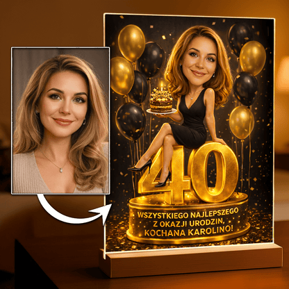 Personalizowana karykatura glamour na szkle akrylowym – Prezent na 40. urodziny - Adamell.pl