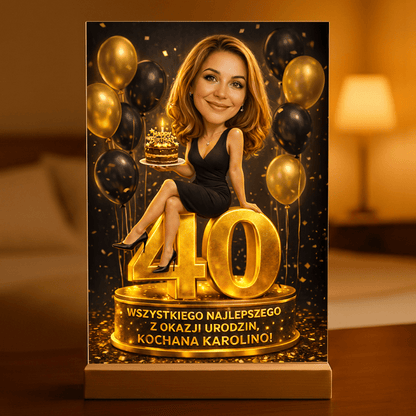 Personalizowana karykatura glamour na szkle akrylowym – Prezent na 40. urodziny - Adamell.pl