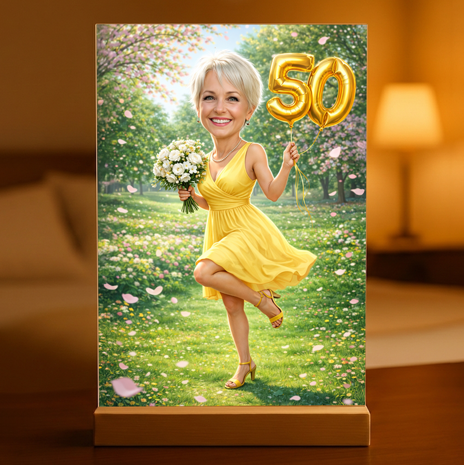 Personalizowany portret na 50. urodziny na szkle akrylowym – Styl bajkowy - Adamell.pl