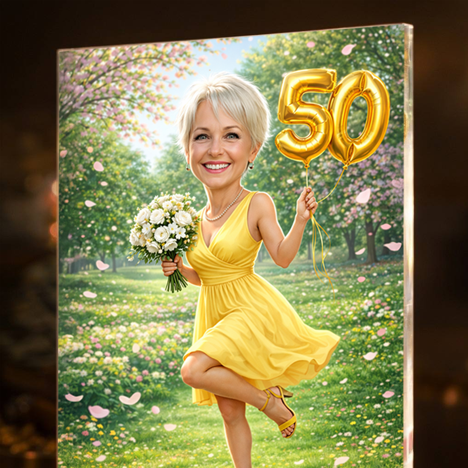Personalizowany portret na 50. urodziny na szkle akrylowym – Styl bajkowy - Adamell.pl