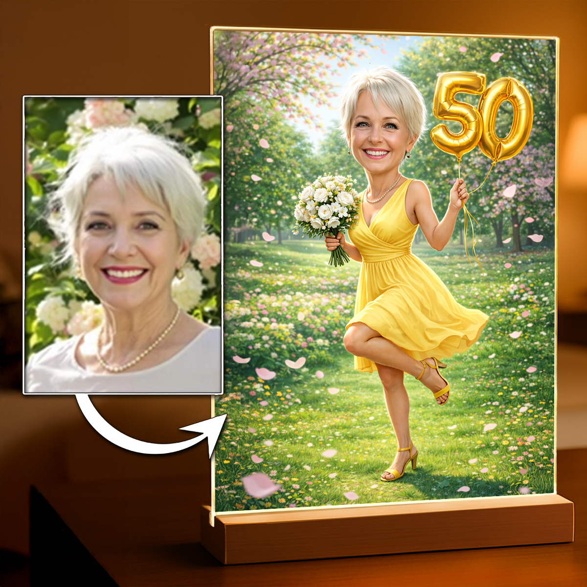 Personalizowany portret na 50. urodziny na szkle akrylowym – Styl bajkowy - Adamell.pl