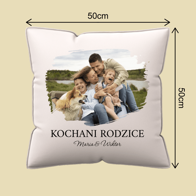 Poduszka z własnym nadrukiem KOCHANI RODZICE - spersonalizowany prezent dla rodziców - Adamell.pl