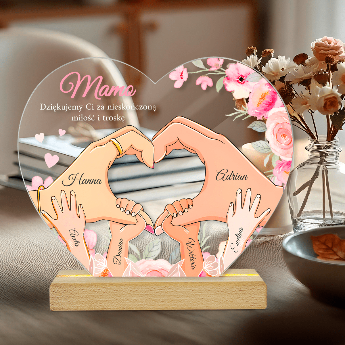 Podziękowania dla mamy + grafika Clipart - Druk na szkle serce, spersonalizowany prezent dla mamy - Adamell.pl