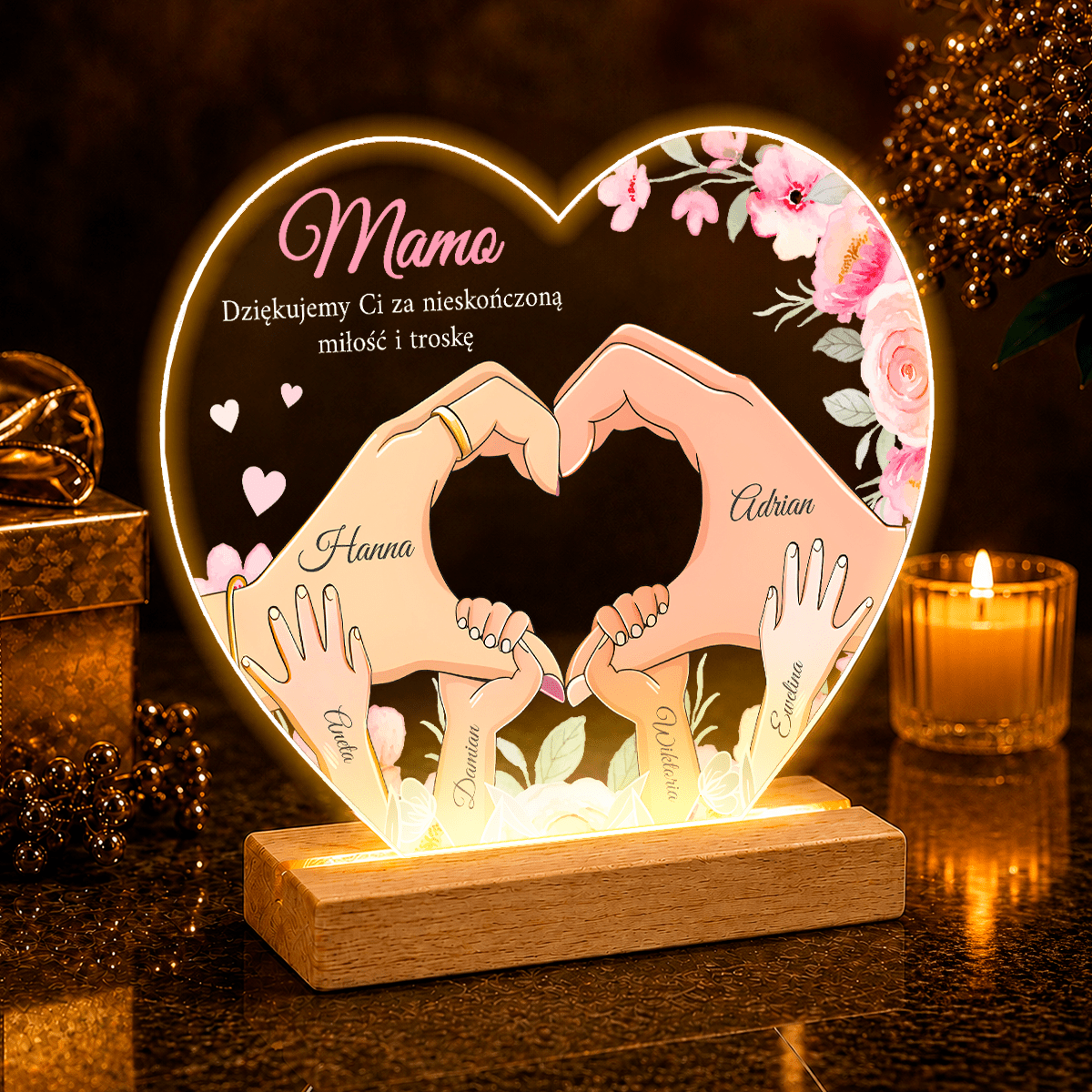 Podziękowania dla mamy + grafika Clipart - Druk na szkle serce, spersonalizowany prezent dla mamy - Adamell.pl