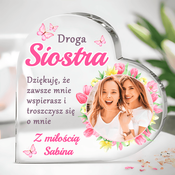 Podziękowanie dla siostry - Szklane serce, spersonalizowany prezent dla siostry - Adamell.pl