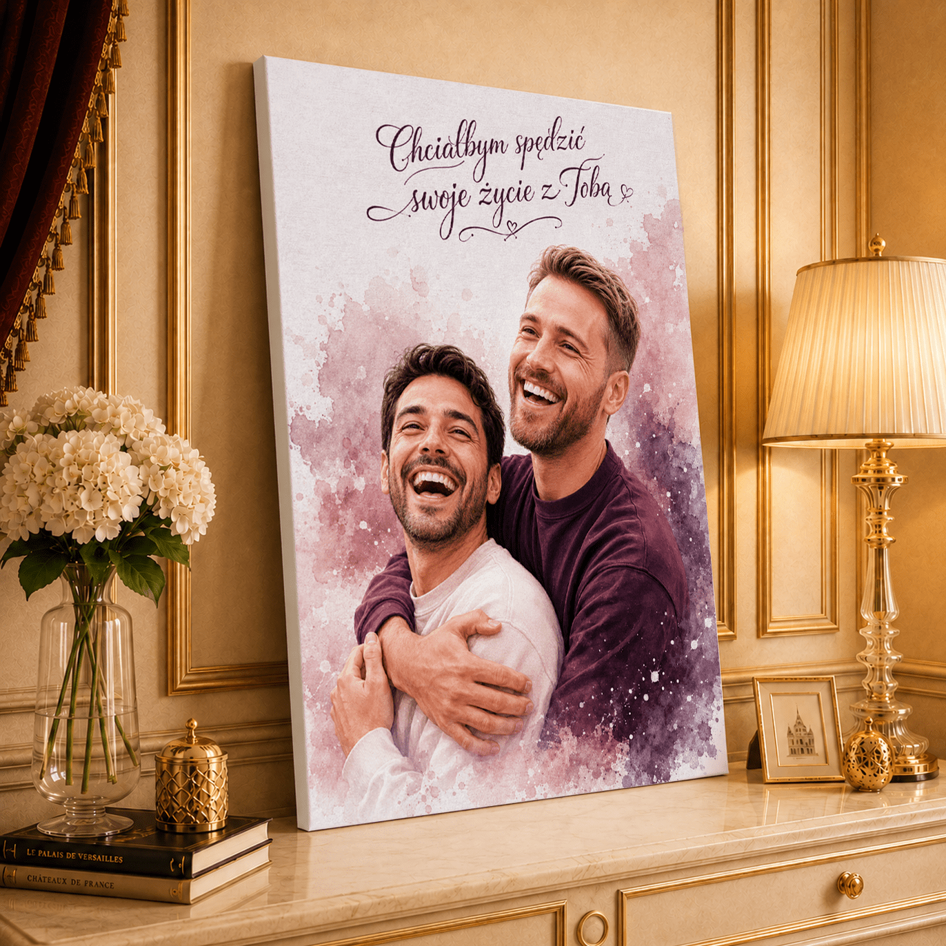 Portret akwarelami + napis - druk na płótnie, spersonalizowany prezent dla pary - Adamell.pl