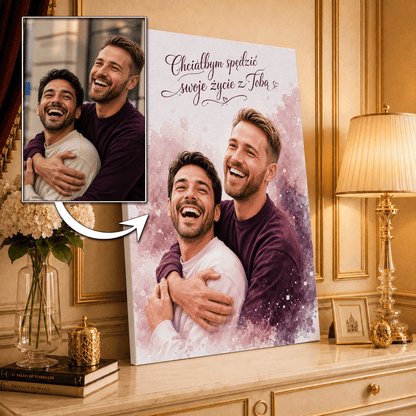 Portret akwarelami + napis - druk na płótnie, spersonalizowany prezent dla pary - Adamell.pl
