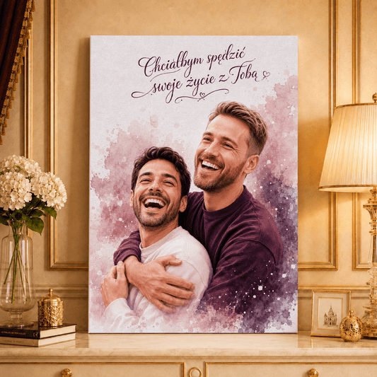 Portret akwarelami + napis - druk na płótnie, spersonalizowany prezent dla pary - Adamell.pl