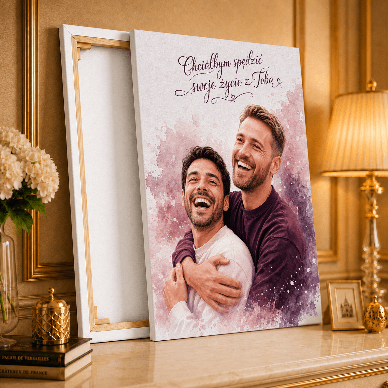 Portret akwarelami + napis - druk na płótnie, spersonalizowany prezent dla pary - Adamell.pl