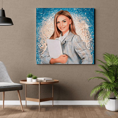 Portret nauczycielki z kolorowym tłem - druk na płótnie, spersonalizowany prezent dla nauczyciela - Adamell.pl