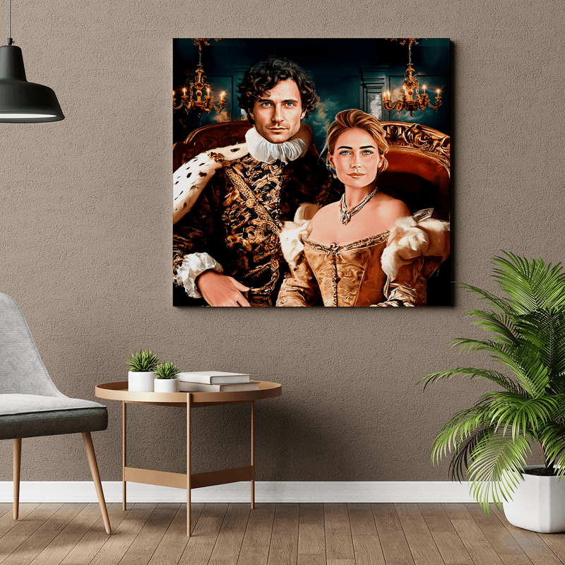 Portret pary królewskiej na tronie - druk na płótnie, spersonalizowany prezent dla pary - Adamell.pl