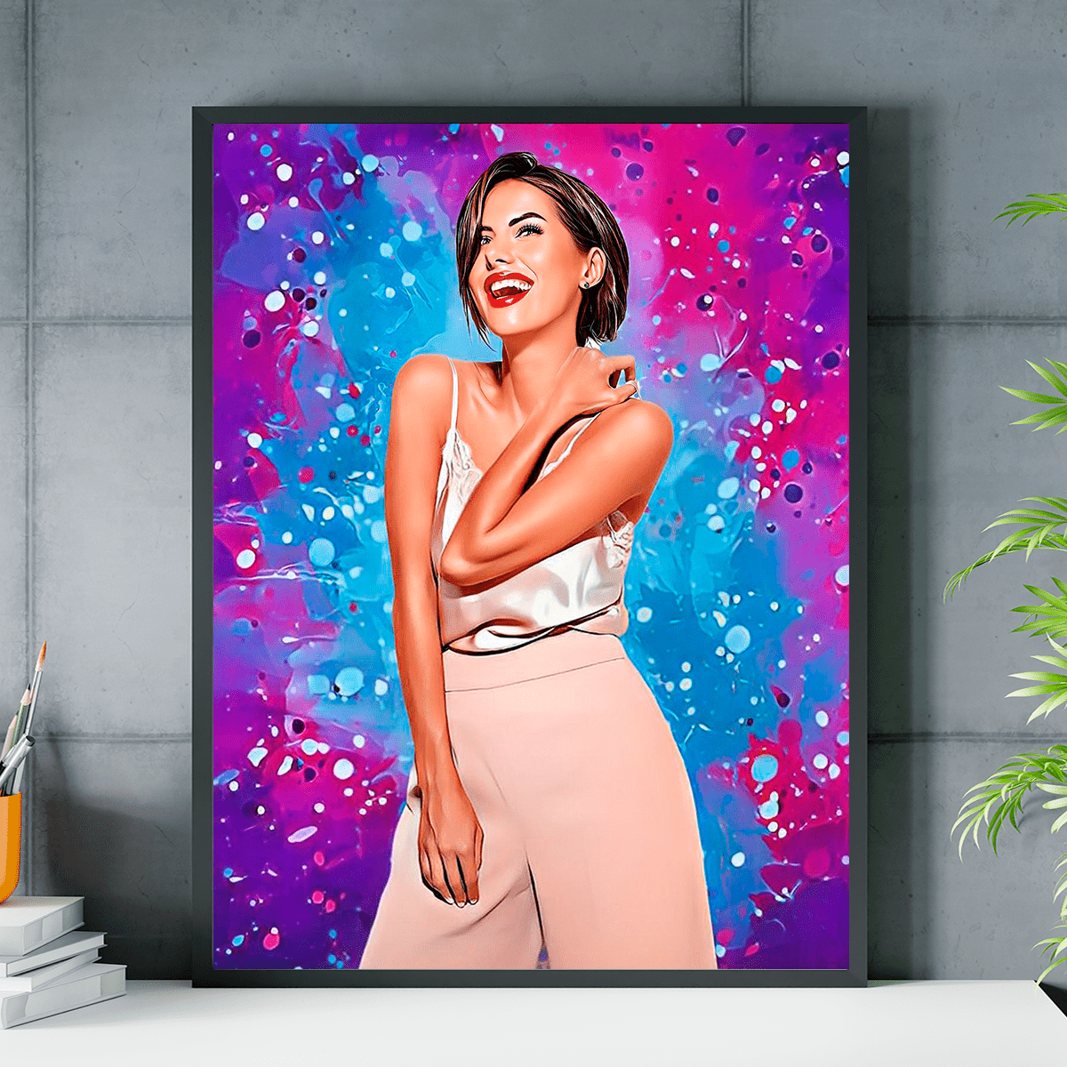 Portret z kolorowym tłem - plakat, spersonalizowany prezent dla niej - Adamell.pl