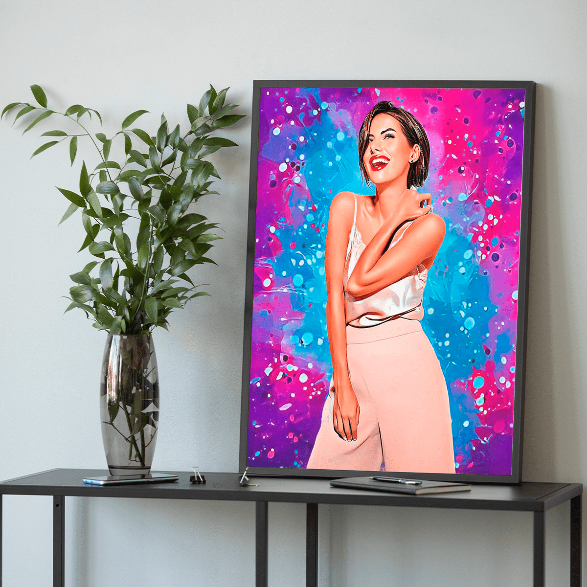 Portret z kolorowym tłem - plakat, spersonalizowany prezent dla niej - Adamell.pl