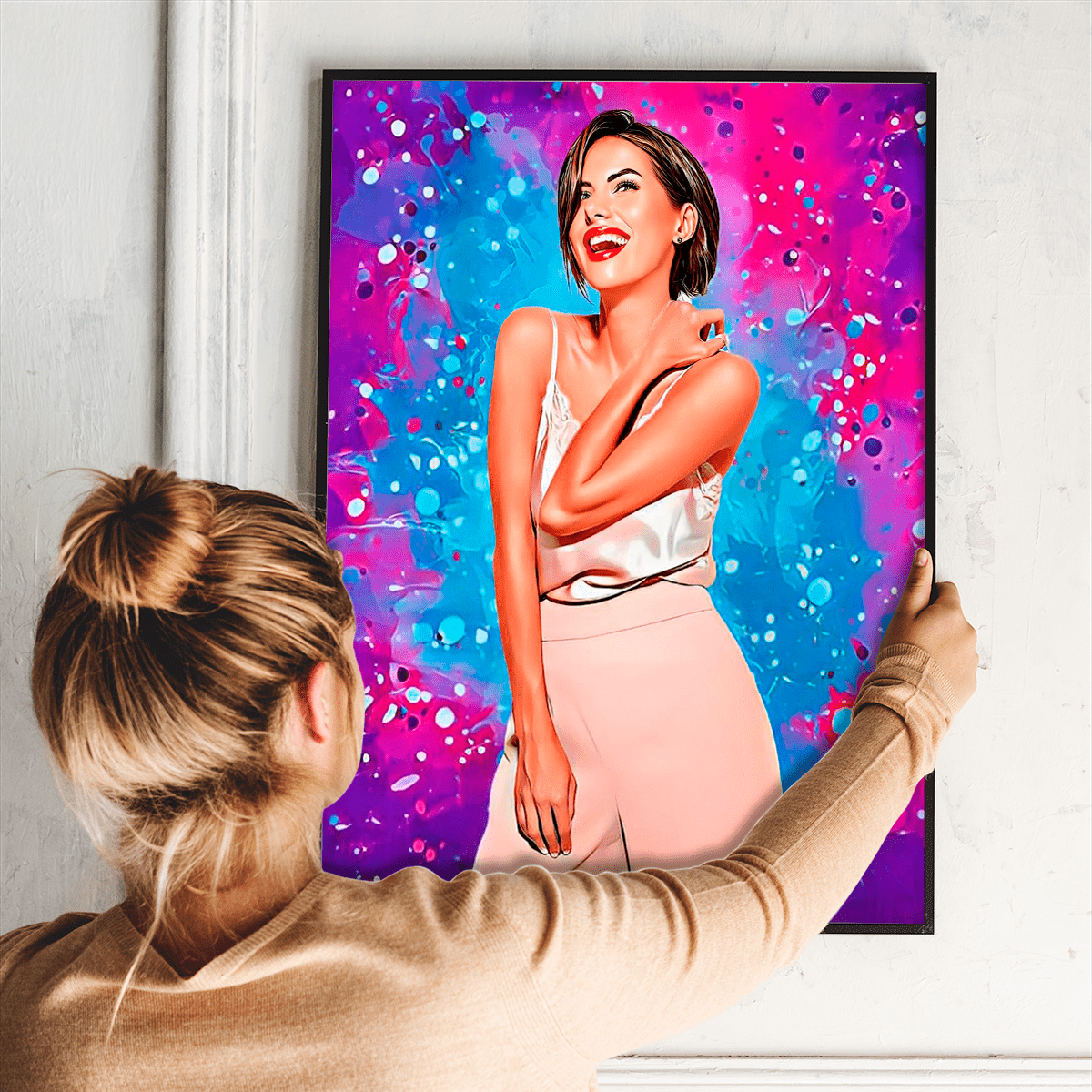 Portret z kolorowym tłem - plakat, spersonalizowany prezent dla niej - Adamell.pl