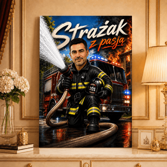 Portret ze zdjęcia na płótnie Ilustracja prezent dla strażaka - Adamell.pl