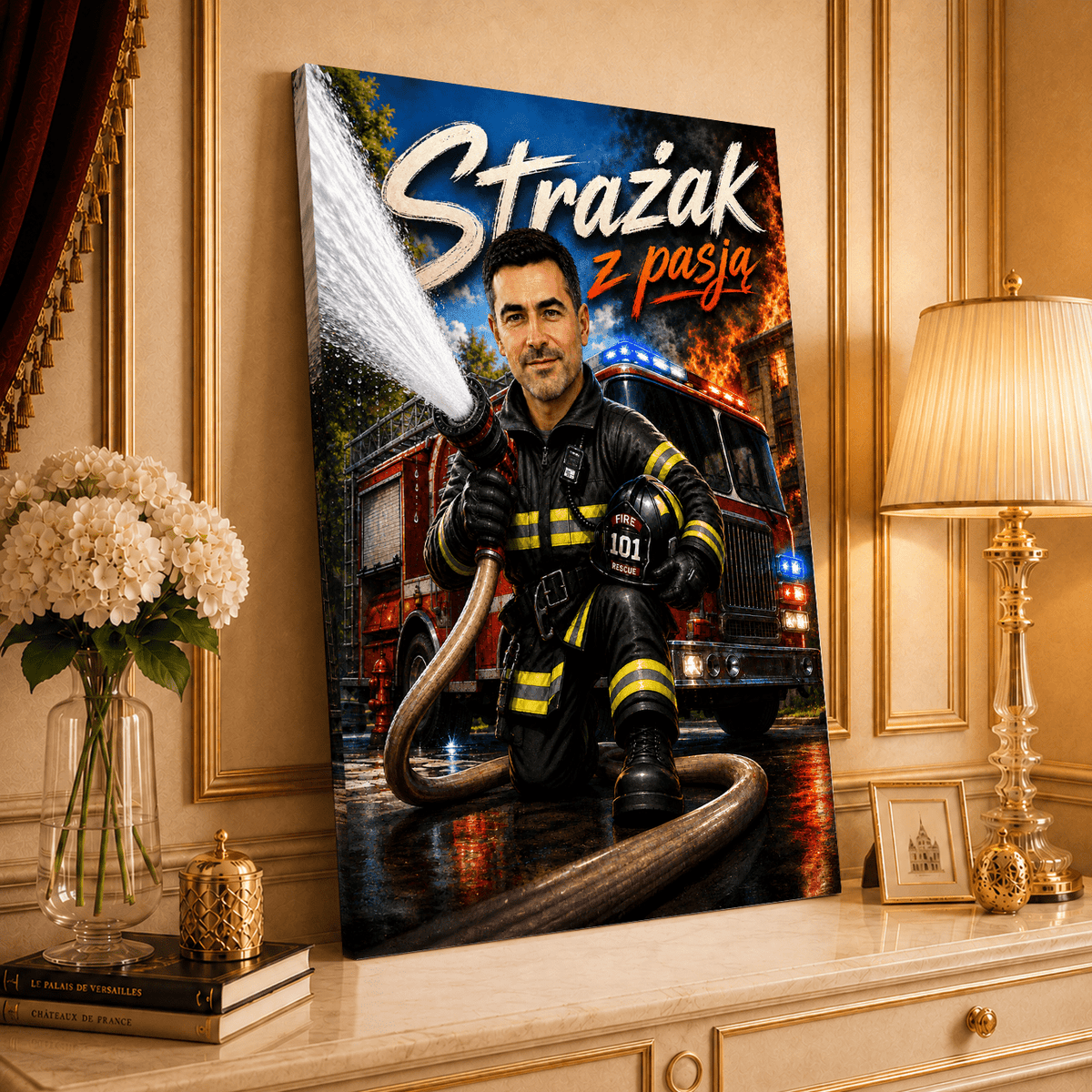 Portret ze zdjęcia na płótnie Ilustracja prezent dla strażaka - Adamell.pl