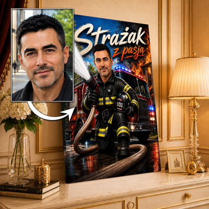 Portret ze zdjęcia na płótnie Ilustracja prezent dla strażaka - Adamell.pl