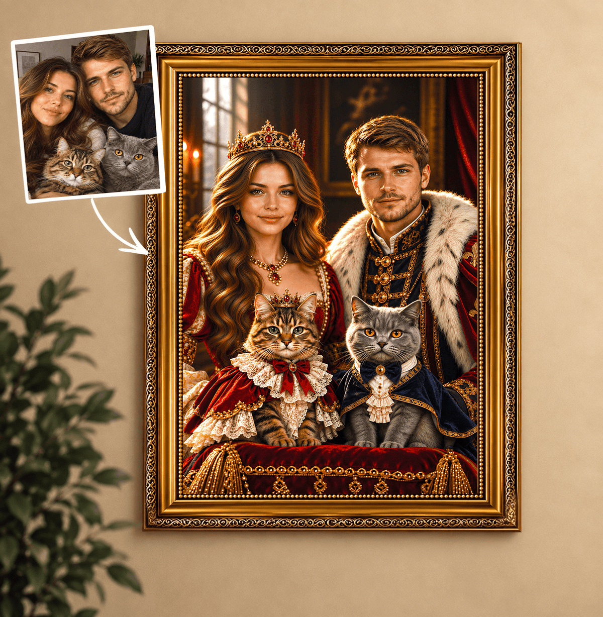 Portret ze zdjęcia na płótnie Para królewska z kotami — prezent dla pary - Adamell.pl