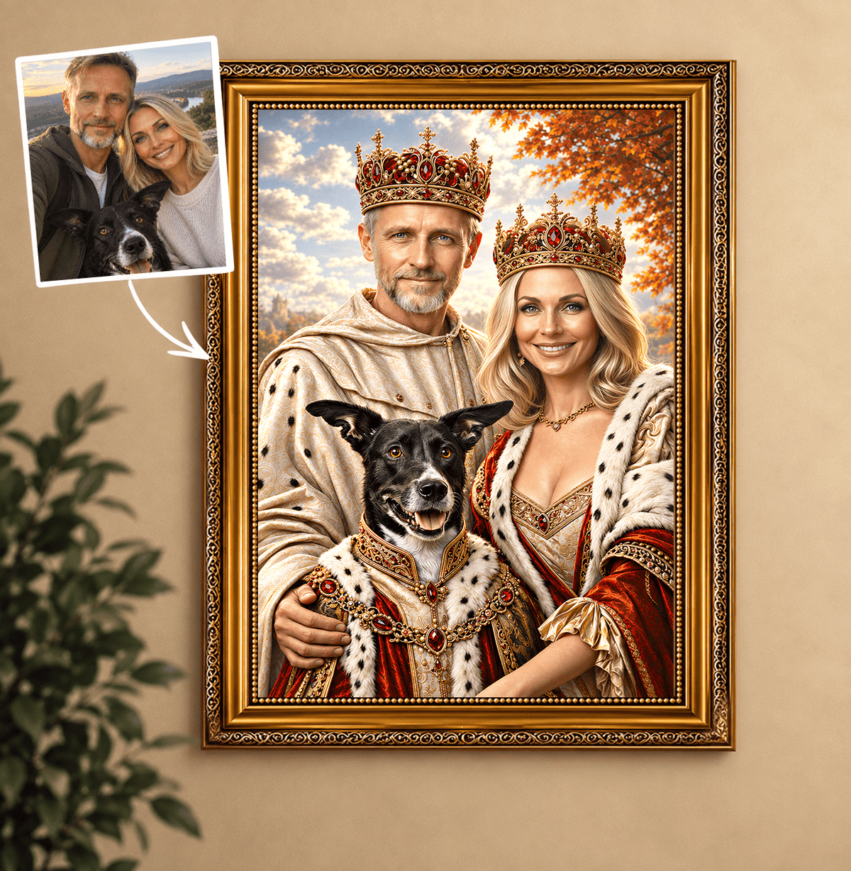 Portret ze zdjęcia na płótnie Para królewska z pupilem — prezent dla pary - Adamell.pl