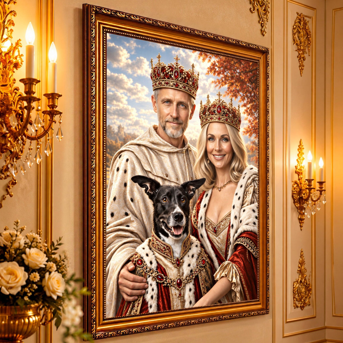 Portret ze zdjęcia na płótnie Para królewska z pupilem — prezent dla pary - Adamell.pl