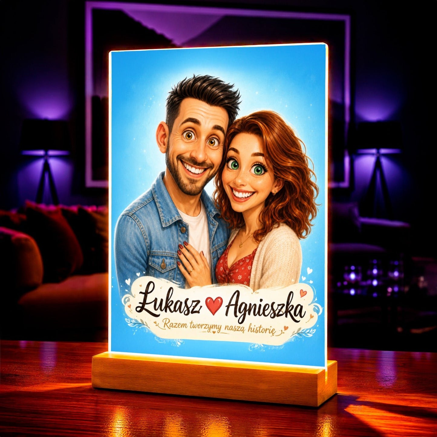 Portret ze zdjęcia na szkle akrylowym z imionami prezent dla pary - Adamell.pl