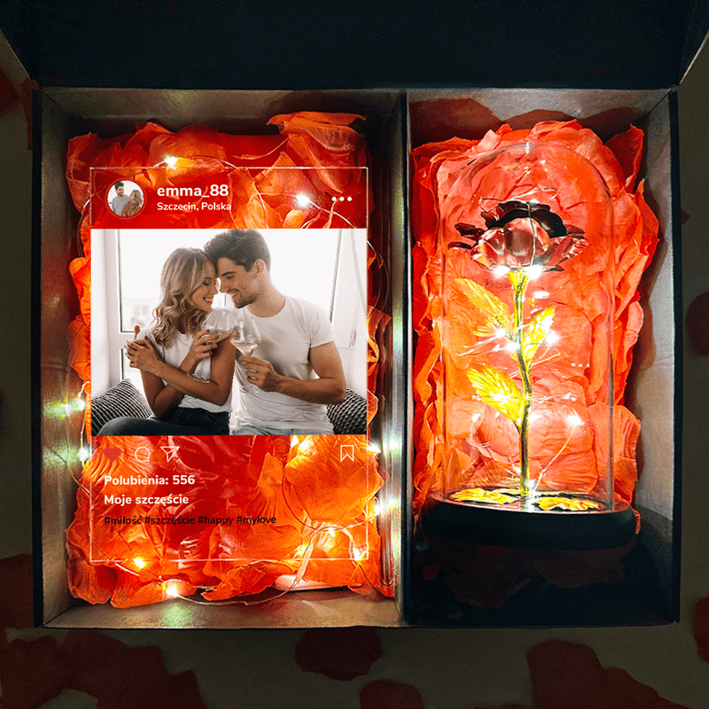 Post Instagram druk na szkle + czerwona wieczna róża box 2 w 1 - zestaw prezentowy box, spersonalizowany prezent dla kobiety - Adamell.pl