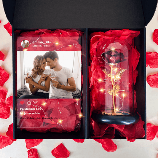 Post Instagram druk na szkle + czerwona wieczna róża box 2 w 1 - zestaw prezentowy box, spersonalizowany prezent dla kobiety - Adamell.pl