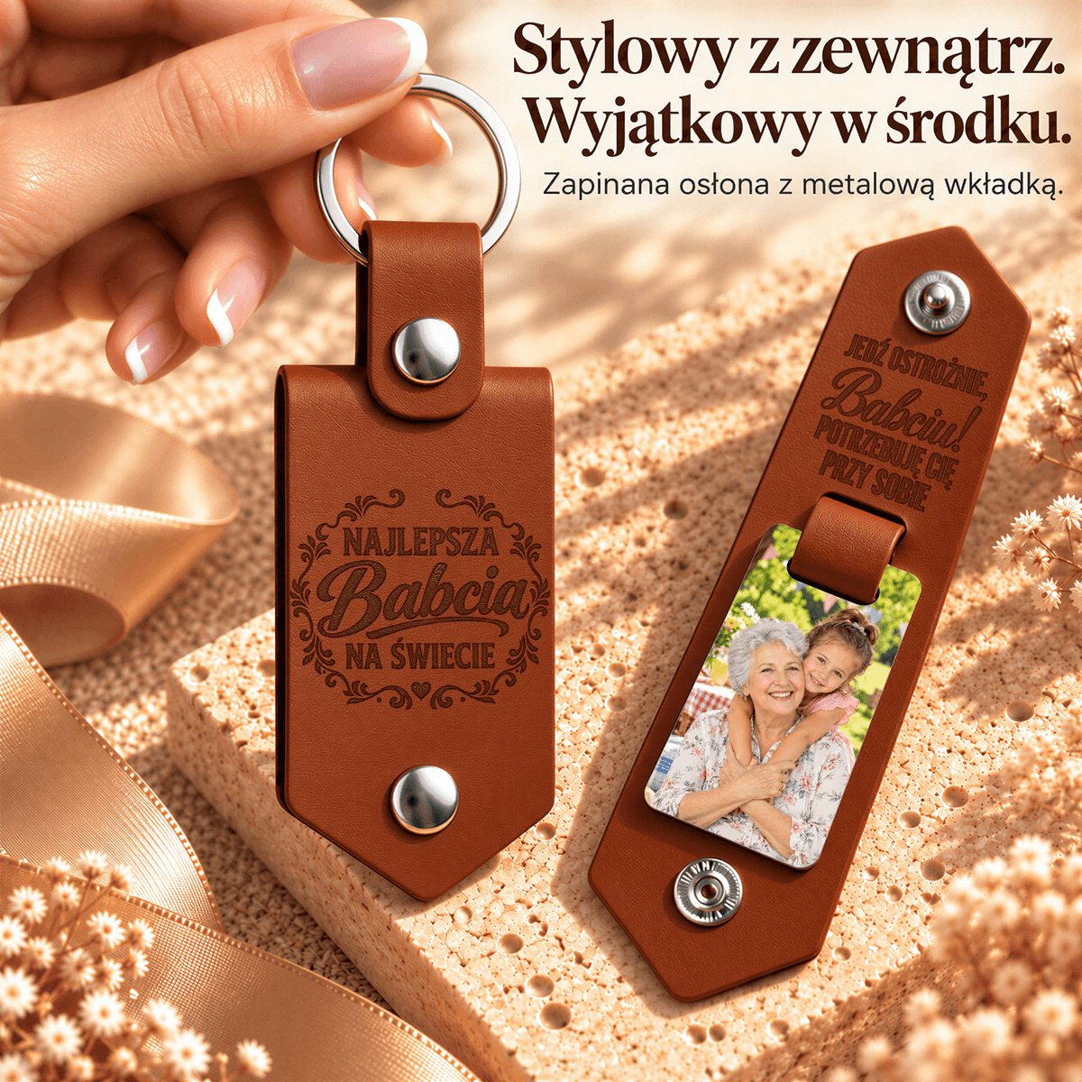 Prezent dla Babci Składany Brelok ze Zdjęciem Jedź Ostrożnie - Adamell.pl
