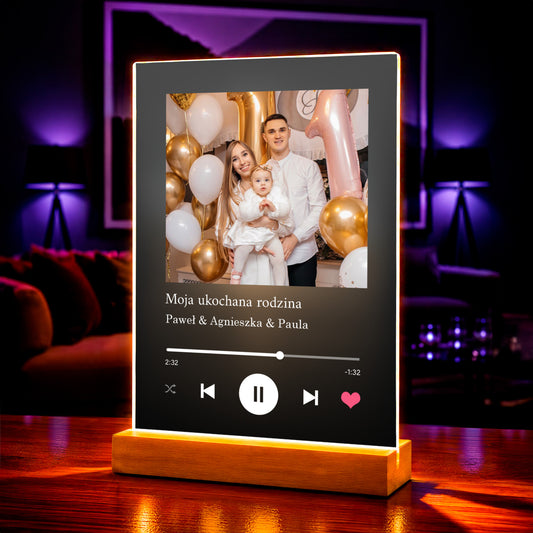 Zdjęcie pary i dziecka + Spotify - druk na szkle akrylowym, personalizowany prezent dla męża