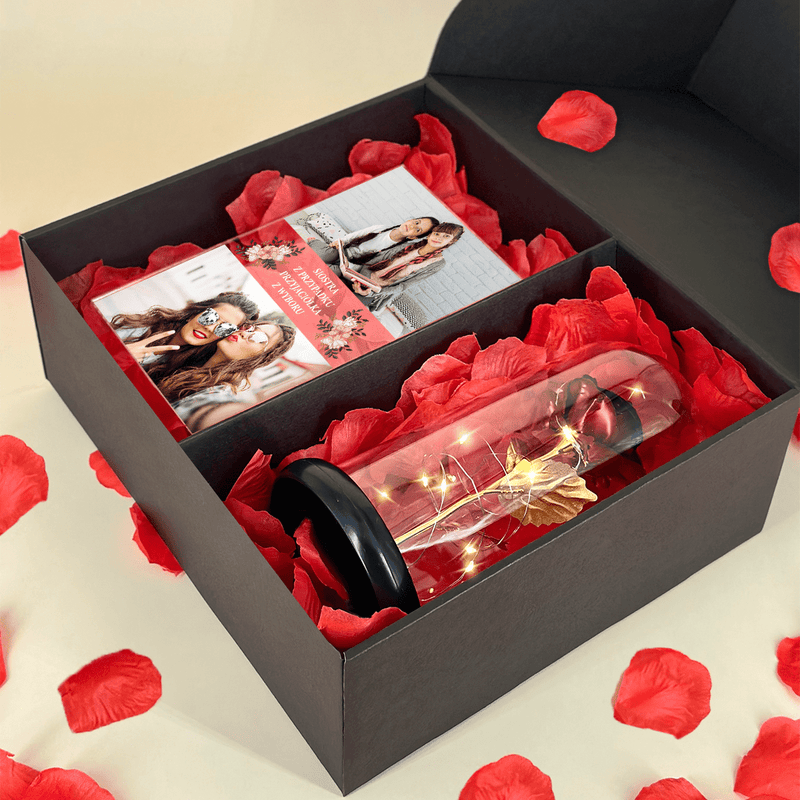 Przyjaciółka z wyboru druk na szkle + czerwona wieczna róża box 2 w 1 - zestaw prezentowy box, spersonalizowany prezent dla siostry - Adamell.pl