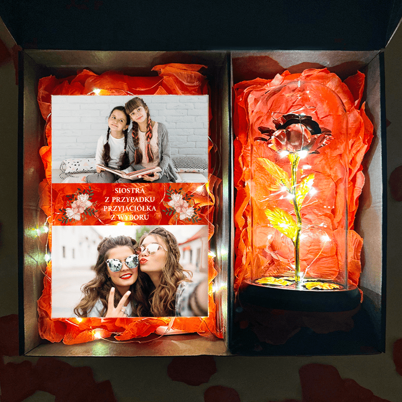 Przyjaciółka z wyboru druk na szkle + czerwona wieczna róża box 2 w 1 - zestaw prezentowy box, spersonalizowany prezent dla siostry - Adamell.pl