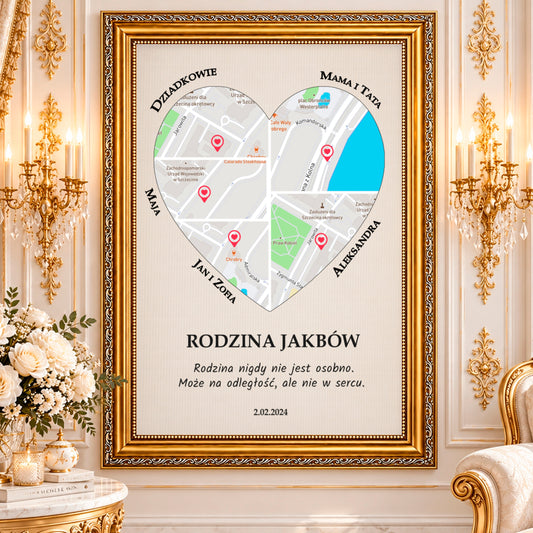 Kolaż ze zdjęć na płótnie Mapa rodziny — prezent na urodziny