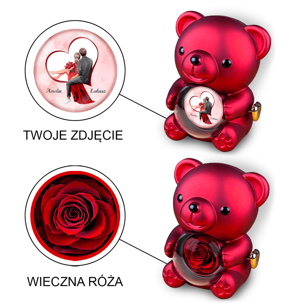 Romantyczny Clipart - Miś z różą wieczną i wydrukiem, spersonalizowany prezent dla niej - Adamell.pl