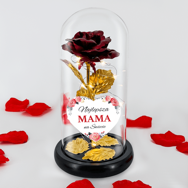 Róża wieczna LED w szkle + spersonalizowane serce NAJLEPSZA MAMA - Adamell.pl