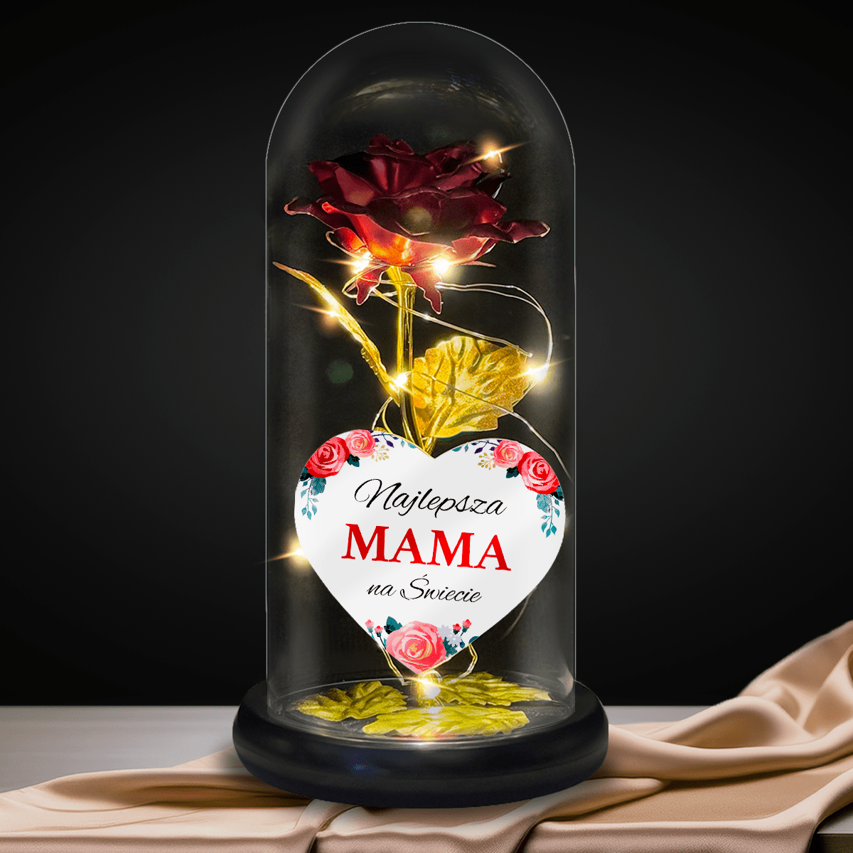 Róża wieczna LED w szkle + spersonalizowane serce NAJLEPSZA MAMA - Adamell.pl