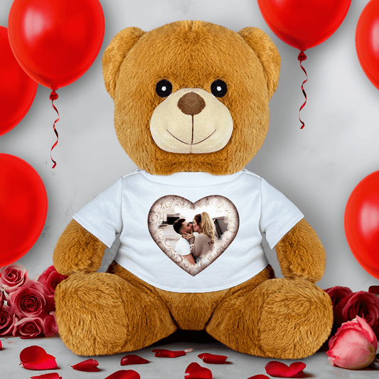 Serce ze zdjęciem zakochanych - Miś z nadrukiem, spersonalizowany prezent dla kobiety - Adamell.pl